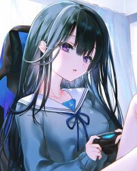 Rule 34 | 1girl, artist request, black hair, blue shirt, chair, character request, controller, copyright request, game controller, holding, holding controller, holding game controller, long hair, looking at viewer, non-web source, parted lips, purple eyes, sailor collar, shirt, solo, source request, upper body, very long hair
