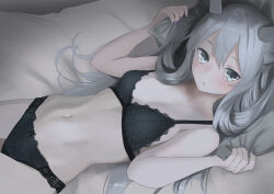 Rule 34 | 1girl, bed, bed sheet, black bra, black panties, blue eyes, blush, bra, breasts, commission, fake horns, grey hair, hair between eyes, headgear, highres, horned headwear, horns, i-203 (kancolle), indoors, kantai collection, long hair, looking at viewer, lying, navel, on back, on bed, open mouth, panties, pillow, pillow grab, pixiv commission, sidelocks, small breasts, solo, tama (tamago), underwear, underwear only