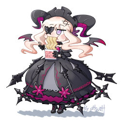 Rule 34 | 1girl, artist name, bat wings, black butterfly, black dress, black footwear, black gloves, brooch, bug, butterfly, butterfly eyepatch, chibi, chinese commentary, chopsticks, cup ramen, curled horns, dress, eating, eversoul, eyepatch, floating, floating object, flower, food, frilled dress, frilled hairband, frills, gem, gloves, gothic lolita, hair ornament, hairband, high heels, holding, holding food, horns, insect, jewelry, lizelotte (eversoul), lolita fashion, lolita hairband, off shoulder, phsueh, purple eyes, purple flower, signature, solo, standing, strapless, strapless dress, white background, white hair, wings