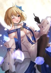 Rule 34 | 1girl, absurdres, arcueid brunestud, bare shoulders, black gloves, blonde hair, blue skirt, blush, breasts, brown pantyhose, cleavage, detached sleeves, dress, fate/grand order, fate (series), flower, full moon, gloves, hair flower, hair ornament, harimoto 09, highres, large breasts, long skirt, looking at viewer, moon, multicolored clothes, multicolored skirt, night, night sky, one eye closed, open mouth, pantyhose, red eyes, short hair, skirt, sky, smile, solo, thighs, tsukihime, white dress, white skirt