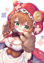 Rule 34 | 1girl, :d, absurdres, animal ears, animal hands, animal hood, apron, blush, bow, braid, breasts, brown gloves, brown hair, cape, cleavage, commentary request, fake animal ears, floral background, frilled apron, frills, gloves, green eyes, hair bow, hands up, highres, hood, hood up, hooded cape, large breasts, long hair, looking at viewer, nijisanji, open mouth, paw gloves, plaid, plaid skirt, red cape, red skirt, shirt, simple background, skirt, smile, solo, underbust, virtual youtuber, waist apron, warabeda meijii, waste (arkaura), white apron, white background, white shirt