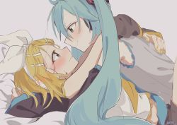 Rule 34 | aqua necktie, arms around neck, bare shoulders, blonde hair, blush, bow, commentary, detached sleeves, from side, girl on top, grey background, grey shirt, hair bow, hair ornament, hairclip, hatsune miku, headphones, highres, hug, kagamine rin, long hair, looking at another, lying, m0ti, neckerchief, necktie, on back, shirt, short hair, short shorts, shorts, shoulder tattoo, sleeveless, sleeveless shirt, smile, sweat, tattoo, twintails, twitter username, upper body, very long hair, vocaloid, wavy mouth, white bow, white shirt, yellow neckerchief, yuri