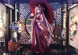 Rule 34 | 1girl, animal ear fluff, animal ears, applekun, architecture, bad id, bad pixiv id, blunt bangs, breasts, carrying over shoulder, ceramics, chinese clothes, day, east asian architecture, floral print, flower, full body, geta, gradient hair, hair flower, hair ornament, hanfu, happy new year, heterochromia, highres, holding, holding umbrella, japanese clothes, kimono, lantern, long hair, long sleeves, medium breasts, multicolored hair, nail polish, new year, original, painting (object), petals, photo background, pink hair, pink nails, plate, purple eyes, purple hair, red eyes, round window, sash, sayagata, standing, stool, tabi, tassel, two side up, umbrella, vase, very long hair, window, window shadow, wooden floor