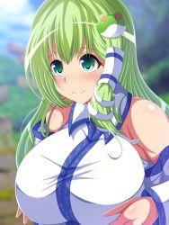 Rule 34 | 1girl, absurdres, aokura shou, blush, breasts, collared shirt, detached sleeves, eyebrows, frog hair ornament, grabbing own breast, green eyes, green hair, hair between eyes, hair ornament, hair tubes, highres, japanese clothes, kochiya sanae, large breasts, long hair, looking at another, miko, outdoors, shirt, sleeveless, sleeveless shirt, smile, snake hair ornament, solo, touhou, white shirt