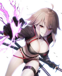 Rule 34 | 1girl, belt, belt buckle, bikini, black belt, black bikini, black gloves, black jacket, breasts, brown eyes, buckle, cleavage, commentary request, fate/grand order, fate (series), ginopi, gloves, hair bobbles, hair ornament, highres, jacket, jeanne d&#039;arc alter (swimsuit berserker) (fate), jeanne d&#039;arc (fate), jeanne d&#039;arc alter (fate), jeanne d&#039;arc alter (swimsuit berserker) (fate), katana, leg belt, light brown hair, long sleeves, looking at viewer, md5 mismatch, medium breasts, navel, o-ring, o-ring bikini, o-ring bottom, o-ring top, parted lips, resolution mismatch, sheath, sheathed, shrug (clothing), smile, solo, source larger, swimsuit, sword, weapon, white background