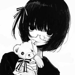 Rule 34 | 1girl, absurdres, closed eyes, closed mouth, crack, cracked glass, glasses, greyscale, hair ribbon, highres, holding, holding stuffed toy, looking at viewer, monochrome, noroi (rnatataki), original, portrait, ribbon, semi-rimless eyewear, short hair, simple background, sketch, smile, solo, stuffed animal, stuffed toy, teddy bear, under-rim eyewear, white background