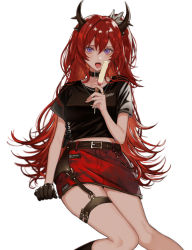 Rule 34 | 1girl, ameno (ameno f), arknights, arm at side, belt, belt buckle, black gloves, black shirt, black socks, blush, buckle, collar, feet out of frame, food, gloves, highres, holding, holding food, horns, invisible chair, jewelry, kneehighs, long hair, looking at viewer, midriff peek, miniskirt, necklace, official alternate costume, one side up, open mouth, popsicle, purple eyes, red hair, red skirt, ring, shirt, short sleeves, simple background, single glove, sitting, skirt, socks, solo, surtr (arknights), surtr (liberte echec) (arknights), thigh strap, tongue, tongue out, very long hair, white background