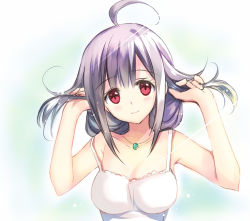 Rule 34 | 10s, 1girl, ahoge, bare shoulders, breasts, camisole, head tilt, holding, holding own hair, jewelry, kantai collection, large breasts, long hair, looking at viewer, magatama, necklace, purple hair, red eyes, rei (rei&#039;s room), smile, solo, spaghetti strap, taigei (kancolle), upper body