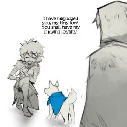 Rule 34 | 1boy, 1girl, blue cape, bowing, cape, cloak, closed eyes, commentary, crooked teeth, dog, english commentary, hand on own chest, hood, hood up, hooded cloak, kneeling, limited palette, original, psuede, simple background, white background