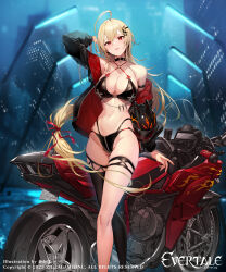 Rule 34 | 1girl, absurdres, ahoge, bare shoulders, blush, breasts, brown hair, character request, ear piercing, evertale, gluteal fold, hair between eyes, hair ornament, hairclip, helmet, highres, jacket, kakage, large breasts, long hair, looking at viewer, motor vehicle, motorcycle, motorcycle helmet, navel, piercing, red eyes, single thighhigh, solo, swimsuit, thigh strap, thighhighs, thighs
