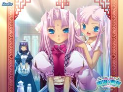 Rule 34 | 00s, 3girls, alternate costume, apron, blue eyes, blush, brushing another&#039;s hair, brushing hair, china dress, chinese clothes, copyright name, dress, enmaided, fang, hair brush, hair ornament, hairclip, highres, hikage eiji, kannei, koihime musou, long hair, maid, maid apron, mirror, multiple girls, official art, pink hair, purple eyes, purple hair, reflection, siblings, sisters, sonken, sonshoukou, twintails, very long hair, watermark