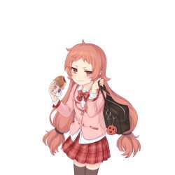 Rule 34 | 1girl, bag, black thighhighs, eating, food, food on face, holding, holding food, jacket, long hair, looking at viewer, official art, pink hair, pink jacket, pleated skirt, princess connect!, red ribbon, red skirt, ribbon, rin (princess connect!), rin (real) (princess connect!), school bag, school uniform, shoulder bag, skirt, tachi-e, thighhighs, transparent background
