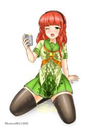Rule 34 | 1girl, beer can, bell, black hairband, black thighhighs, blunt bangs, braid, can, commentary request, de ruyter (kancolle), drink can, foam, green eyes, green sailor collar, green serafuku, green skirt, hairband, kantai collection, kneeling, kudou (ooabareteng), long hair, looking at viewer, neckerchief, one eye closed, orange neckerchief, pleated skirt, red hair, sailor collar, sailor shirt, school uniform, serafuku, sexually suggestive, shirt, side braid, simple background, skirt, solo, spill, thighhighs, twitter username, wavy hair, white background