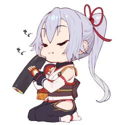 Rule 34 | 1girl, chibi, commentary request, detached sleeves, eating, ehoumaki, closed eyes, fate/grand order, fate (series), fingerless gloves, food, from side, gloves, hair between eyes, hair ribbon, high ponytail, japanese clothes, kimono, long hair, long sleeves, makizushi, red ribbon, ribbon, seiza, shirabi, short kimono, silver hair, simple background, sitting, solo, sushi, tomoe gozen (fate), white background, white kimono