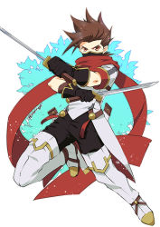 Rule 34 | 1boy, black gloves, black pants, boots, brown eyes, brown hair, dual wielding, full body, gloves, holding, holding sword, holding weapon, lloyd irving, looking at viewer, male focus, mask, official alternate costume, pants, red scarf, scarf, serious, solo, spiked hair, sword, tales of (series), tales of asteria, tales of symphonia, thigh boots, thighhighs, tktg, twitter username, weapon, white background, white footwear
