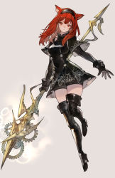 Rule 34 | 1girl, animal ears, warrior of light (ff14), black cape, black coat, black gloves, black thighhighs, breasts, cape, cat ears, coat, commentary request, dragoon (final fantasy), earrings, facial mark, final fantasy, final fantasy xiv, flower earrings, full body, gloves, hairband, high heels, highres, holding, holding polearm, holding weapon, jewelry, kemomin nosuke, long hair, long sleeves, looking at viewer, medium breasts, miqo&#039;te, polearm, red eyes, red hair, solo, spear, thighhighs, v-shaped eyebrows, weapon, whisker markings, white background