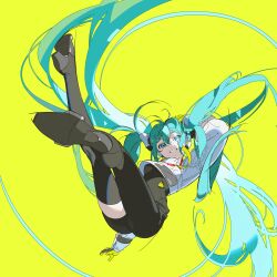 Rule 34 | 1girl, absurdres, asymmetrical legwear, black bodysuit, black pants, blue eyes, blue hair, bodysuit, commentary, cropped jacket, english commentary, falling, floating hair, gloves, goodsmile racing, hatsune miku, highres, jacket, legs up, long hair, looking at viewer, midair, pants, race queen, racing miku, racing miku (2022), smile, solo, thighs, twintails, very long hair, vocaloid, white jacket, yellow background, yoneyama mai
