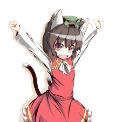 Rule 34 | 1girl, \o/, aikata, animal ears, arms up, blush stickers, bow, bowtie, brown eyes, brown hair, cat ears, cat girl, cat tail, chen, earrings, fang, female focus, happy, hat, jewelry, looking at viewer, multiple tails, no nose, open mouth, outstretched arms, short hair, single earring, smile, solo, stretching, tail, touhou