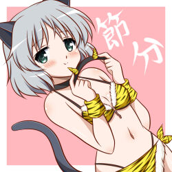 Rule 34 | 1girl, alternate costume, animal ears, animal print, bare shoulders, bikini, black choker, breasts, cat ears, cat tail, choker, closed mouth, dot nose, female focus, green eyes, green hair, headband, holding, isa, japanese text, looking at viewer, medium hair, navel, oni, pink background, sanya v. litvyak, simple background, small breasts, smile, solo, strike witches, swimsuit, tail, tiger print, world witches series