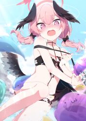 Rule 34 | 1girl, @ @, bikini, black bag, black bikini, black bow, black wings, blue archive, blush, bow, breasts, commentary, double-parted bangs, feathered wings, floral print, front-tie bikini top, front-tie top, hair between eyes, hair bow, halo, head wings, highres, knee up, koharu (blue archive), koharu (swimsuit) (blue archive), long hair, looking at viewer, low twintails, low wings, navel, nose blush, official alternate costume, open mouth, pink eyes, pink hair, pink halo, print bikini, reikakrzk, small breasts, solo, spaghetti strap, swimsuit, twintails, wings