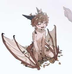 Rule 34 | 1boy, autumn leaves, bishounen, brown hair, closed eyes, disembodied hand, dragon boy, dragon horns, fangs, holding, holding leaf, horns, kneeling, leaf, male focus, monster boy, mullmull02, navel, open mouth, original, pointy ears, scales, short hair, simple background, smile, solo, taras-kun (mullmull02), topless male, white background, wings