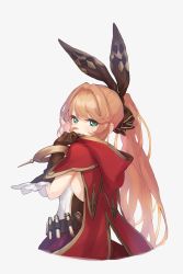 Rule 34 | 1girl, absurdres, belt, black ribbon, breasts, brown gloves, brown hair, cape, clarisse (granblue fantasy), elbow gloves, frilled gloves, frills, from behind, gloves, granblue fantasy, green eyes, grey background, hair intakes, hair ribbon, highres, hood, hood down, hooded cape, long hair, looking at viewer, looking back, red cape, ribbon, simple background, solo, tai (e3d1p), test tube, upper body, very long hair