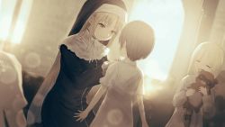 Rule 34 | 3girls, black dress, blonde hair, blurry, blurry background, brown eyes, brown hair, child, closed eyes, depth of field, dress, dutch angle, habit, highres, indoors, long hair, long sleeves, misaki nonaka, multiple girls, nijisanji, nun, hugging object, open mouth, red ribbon, ribbon, short hair, short sleeves, sister claire, sister claire (1st costume), stuffed animal, stuffed raccoon, stuffed toy, teeth, traditional nun, upper teeth only, very long hair, virtual youtuber, white dress, window