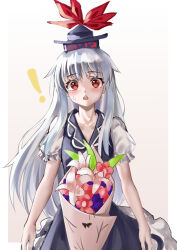 Rule 34 | !, 1girl, absurdres, ailu elf, blue dress, blue hair, blue headwear, bouquet, chinese commentary, commentary request, dress, flower, gradient background, highres, holding, holding bouquet, kamishirasawa keine, long hair, looking at viewer, multicolored hair, open mouth, pink flower, pov, red eyes, short sleeves, solo focus, teeth, touhou, two-tone hair, upper teeth only, white background, white hair