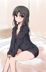 Rule 34 | 1girl, bed, black hair, blush, breasts, cleavage, half updo, hands on own knees, kara no kyoukai, looking at viewer, naked sweater, ohitashi netsurou, on bed, ryougi shiki, sitting, solo, sweater
