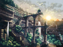 Rule 34 | arch, cloud, landscape, light, ruins, scenery, sky, stairs, sun, sunset, tree, water, waterfall, yamakawa