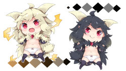 Rule 34 | 2girls, :q, ahoge, black hair, black legwear, blonde hair, blush, bow, bow panties, breasts, chibi, closed mouth, commentary request, curled horns, detached sleeves, fang, fur-trimmed sleeves, fur trim, horns, lightning, long hair, long sleeves, medium breasts, milkpanda, monster hunter (series), multiple girls, navel, no shoes, open mouth, panties, personification, pointy ears, purple eyes, rajang, sleeves past wrists, smile, tail, thighhighs, tongue, tongue out, underwear, v-shaped eyebrows, very long hair, white panties