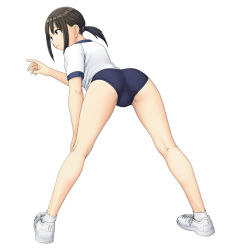 1girl, ass, bangs, black eyes, black hair, blue buruma, buruma, closed mouth, commentary request, cross-laced footwear, crotch seam, from behind, frown, full body, gym shirt, hair tie, hand on own knee, highres, kneepits, looking to the side, low twintails, maburu (lojyq1eur3e8bit), medium hair, original, shirt, shoes, simple background, sneakers, socks, solo, standing, twintails, white background, white legwear, white shirt