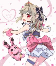 Rule 34 | back bow, bare shoulders, birthday, bow, commentary request, cowboy shot, dated, grey hair, hair bow, hair ornament, headset, highres, idol clothes, looking at viewer, looking back, makaino ririmu, multicolored hair, nijisanji, open mouth, pink hair, pointy ears, rabbit hair ornament, red eyes, short shorts, shorts, shorts under skirt, smile, solo, streaked hair, stuffed animal, stuffed rabbit, stuffed toy, thigh strap, tiara, two-tone hair, virtual youtuber, wamawmwm, white shorts