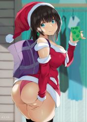 Rule 34 | 1girl, absurdres, ass, ass grab, bag, bare shoulders, black hair, black thighhighs, blue eyes, blush, breasts, cellphone, cleavage, curvy, earrings, fang, hat, highres, hip focus, holding, huge ass, jewelry, large breasts, looking back, melonbooks, noripachi, open mouth, panties, phone, pink panties, santa costume, santa hat, short hair, shoulder bag, skin fang, smartphone, smile, solo, standing, thick thighs, thighhighs, thighs, underwear, wide hips