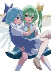 Rule 34 | 2girls, :d, absurdres, ascot, blue bow, blue dress, blue eyes, blue hair, bow, carrying, cirno, commentary, daiyousei, dress, fairy wings, green eyes, green hair, grey footwear, hair bow, hair ribbon, high heels, highres, ice, ice wings, looking at viewer, medium hair, mikan (manmarumikan), multiple girls, open mouth, princess carry, ribbon, short hair, short sleeves, side ponytail, simple background, smile, socks, touhou, white background, white socks, wings, yellow ascot, yellow ribbon