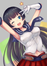 Rule 34 | 10s, 1girl, agano (kancolle), anchor symbol, bad id, bad pixiv id, black hair, blush, breasts, collarbone, gloves, green eyes, highres, kantai collection, large breasts, looking at viewer, midriff peek, navel, one eye closed, oonaka ito, open mouth, red skirt, skirt, smile, solo, upper body, v, white gloves