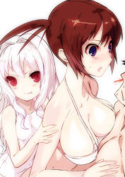 Rule 34 | 1boy, 2girls, :p, bikini, blood, blush, breast on chest, breast press, breasts, brown hair, copyright request, large breasts, long hair, monk (syugyousou), multiple girls, nosebleed, one-piece swimsuit, purple eyes, pushing, red eyes, swimsuit, tongue, tongue out, twintails, white hair