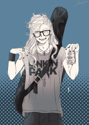 Rule 34 | 1boy, :d, alcohol, band yarouze!, beer, beer can, black-framed eyewear, black nails, blue background, can, closed eyes, drink can, ear piercing, facing viewer, froth, guitar case, highres, instrument case, jewelry, kazuki sara, linkin park, long hair, male focus, mole, mole under eye, necklace, open mouth, piercing, ray cephart, ring, shirt, sleeveless, sleeveless shirt, smile, solo, standing, wristband