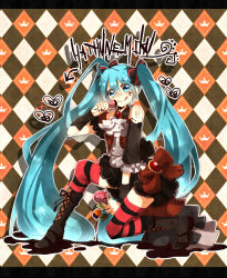 Rule 34 | 1girl, :q, aqua eyes, aqua hair, argyle, argyle background, argyle clothes, bad id, bad pixiv id, boots, candy, character name, cross-laced footwear, detached sleeves, food, hatsune miku, highres, lace-up boots, letterboxed, lollipop, long hair, safaia, skirt, smile, solo, souen senri, striped clothes, striped thighhighs, thighhighs, tongue, tongue out, twintails, very long hair, vocaloid