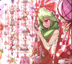 Rule 34 | 1girl, bare arms, blurry, bow, commentary request, dress, frilled bow, frills, front ponytail, green hair, hair bow, highres, kagiyama hina, long hair, namatyaba, open mouth, red bow, red dress, red eyes, sleeveless, sleeveless dress, solo, touhou, upper body, very long hair