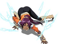 Rule 34 | 1girl, all fours, ass, bent over, bleach, hair ornament, leggings, long hair, looking at viewer, open mouth, ponytail, purple hair, shihouin yoruichi, simple background, smile, solo, spandex, thunder, vest, yellow eyes