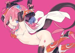 Rule 34 | 1girl, armor, armored boots, armpits, arms up, bikini, bikini armor, bikini bottom only, black thighhighs, blade (galaxist), blue eyes, boots, breasts, cape, commentary, dragon horns, dragon tail, elbow gloves, elizabeth bathory (brave) (fate), elizabeth bathory (fate), fate/grand order, fate (series), female focus, from side, gauntlets, gloves, hair between eyes, high heel boots, high heels, horns, hyoushi02.jpg.webp, large tail, long bangs, long hair, looking at viewer, looking to the side, lossy-lossless, md5 mismatch, orange bikini, parted lips, pink background, pink gloves, pink hair, simple background, small breasts, solo, swimsuit, symbol-only commentary, tail, thighhighs, tiara, topless, two-tone gloves, unworn bikini, wardrobe malfunction, webp-to-png conversion, white cape