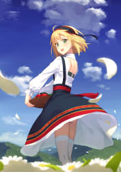 Rule 34 | 1girl, apple, back, bad id, bad pixiv id, basket, blonde hair, blue sky, blush, cloud, commentary request, day, flower, food, from behind, fruit, green eyes, hairband, highres, holding, kinta (distortion), long sleeves, looking at viewer, looking back, open mouth, original, outdoors, shirt, short hair, skirt, sky, smile, solo, standing, suspender skirt, suspenders, thighhighs, white shirt, white thighhighs