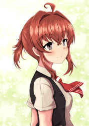 Rule 34 | 1girl, ahoge, arashi (kancolle), backlighting, black vest, blush, brown eyes, closed mouth, collared shirt, from side, green background, grey shirt, haoto (arnica leaf), highres, kantai collection, looking at viewer, looking to the side, neckerchief, open clothes, open vest, red neckerchief, shirt, short ponytail, short sleeves, sidelocks, smile, solo, upper body, vest, wing collar