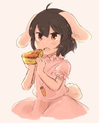 Rule 34 | 1girl, ahoge, animal ears, bad id, bad twitter id, brown hair, carrot necklace, cowboy shot, dress, eating, food, hands up, inaba tewi, looking at viewer, necklace, open mouth, pink dress, puffy short sleeves, puffy sleeves, quiche, rabbit ears, rabbit girl, rabbit tail, red eyes, short sleeves, simple background, solo, tail, touhou, tsukiori, white background
