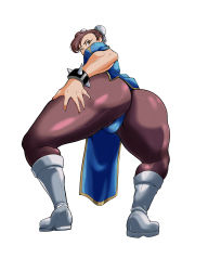 Rule 34 | 1girl, absurdres, ass, bent over, boots, bracelet, brown eyes, brown hair, cameltoe, capcom, chinese clothes, chun-li, highres, huge ass, jewelry, joan scar, looking back, spiked bracelet, spikes, squatting, street fighter, thong