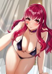 Rule 34 | 1girl, :p, bare arms, bare shoulders, bikini, black bikini, blush, breasts, choker, commentary request, curtains, fire emblem, fire emblem engage, highres, large breasts, long hair, looking at viewer, navel, nintendo, purple choker, red eyes, red hair, sidelocks, solo, stomach, swimsuit, tara (szzj7733), thighs, tongue, tongue out, very long hair, yunaka (fire emblem)