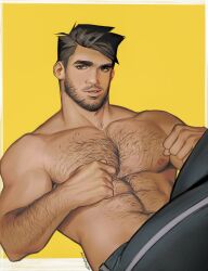 Rule 34 | 1boy, abs, absurdres, bara, black hair, black pants, chest hair, facial hair, highres, large pectorals, male focus, muscular, muscular male, navel, nipples, original, pants, pectorals, seupil hyugo (spirohugo), short hair, simple background, solo, topless male, yellow background