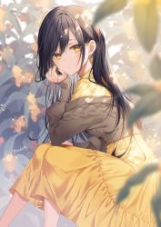 Rule 34 | 1girl, black hair, brown sweater, dress, earrings, feet out of frame, flower, hair between eyes, highres, jewelry, long hair, long sleeves, looking at viewer, myusha, original, outdoors, plant, signature, sitting, sleeves past wrists, solo, sweater, yellow dress, yellow eyes