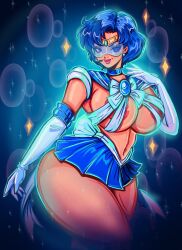 Rule 34 | 1girl, adapted costume, alternate hairstyle, areola slip, artist request, bishoujo senshi sailor moon, blue eyes, blue hair, breasts, character request, earphones, earrings, gloves, goggles, gradient background, huge breasts, jewelry, lips, navel, short hair, skirt, smile